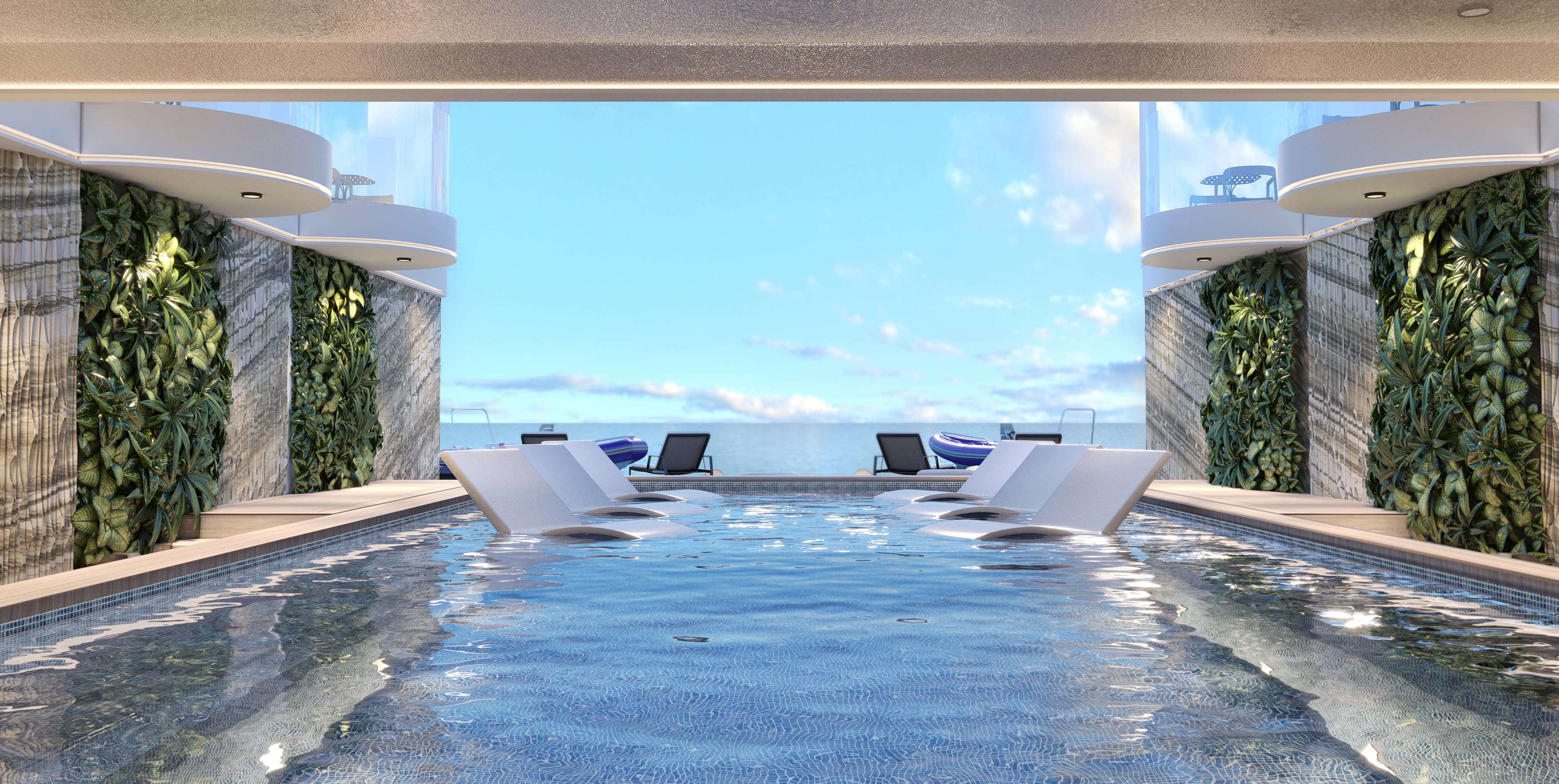 Inside marina pool view on residential cruise ship