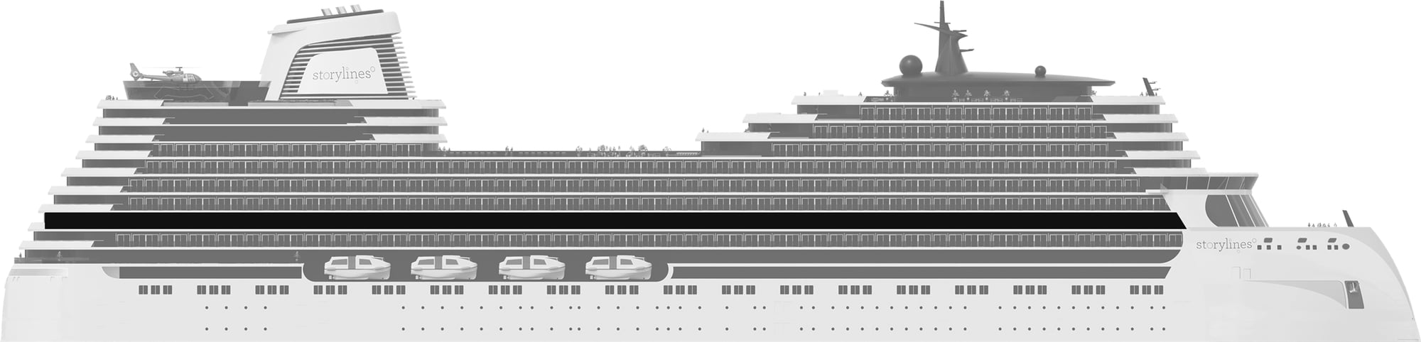 Profile shot of Storylines cruise ship with apartments for sale showing the location of Deck 10