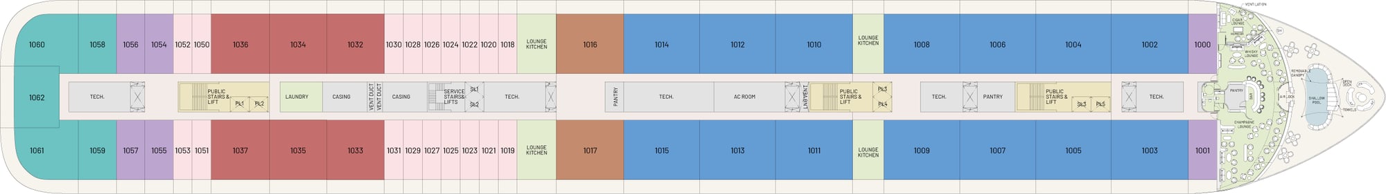 Floorplan of Deck 10 showing the location of the condo's on the cruise ship