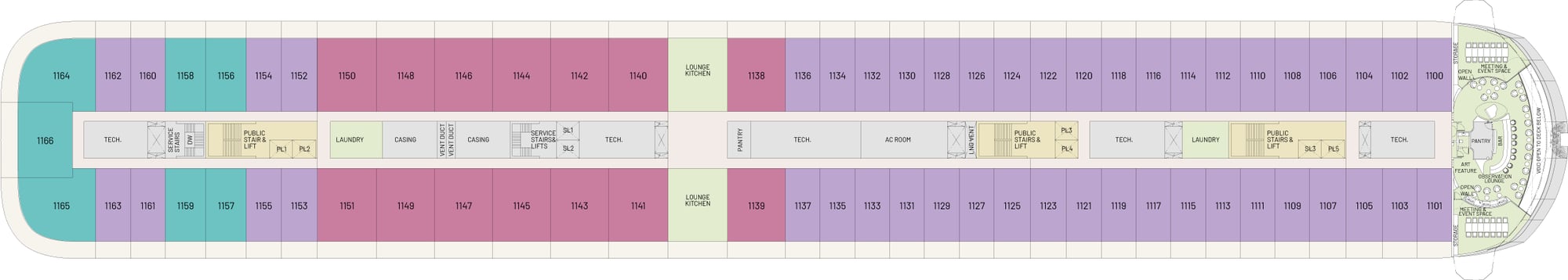 Floorplan of Deck 11 showing the location of the apartments on a cruise ship