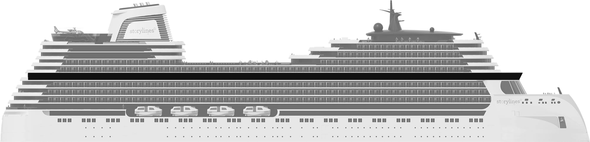 Profile shot of Storylines cruise ship with apartments for sale showing the location of Deck 12
