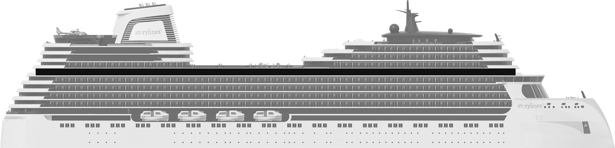 Profile shot of Storylines residential cruise ship apartments for sale showing the location of Deck 14