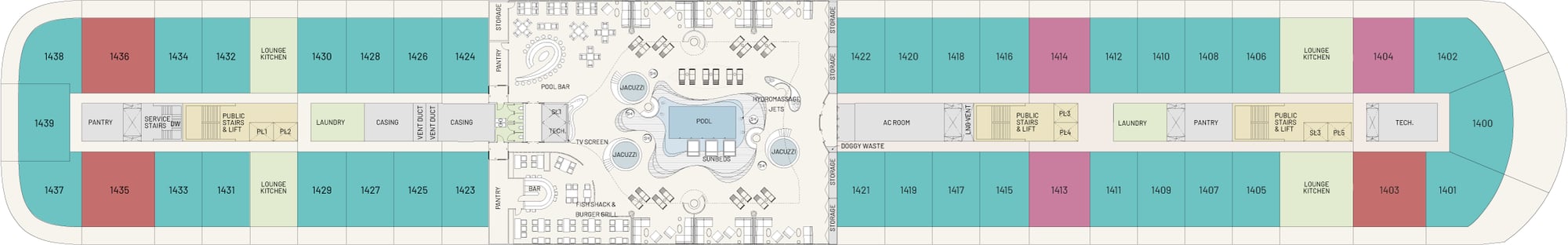 Floorplan of Deck 14 showing the location of the cruise ship condos