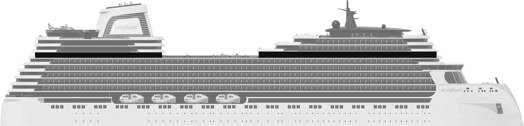Profile shot of Storylines residential cruise ship apartments for sale showing the location of Deck 15