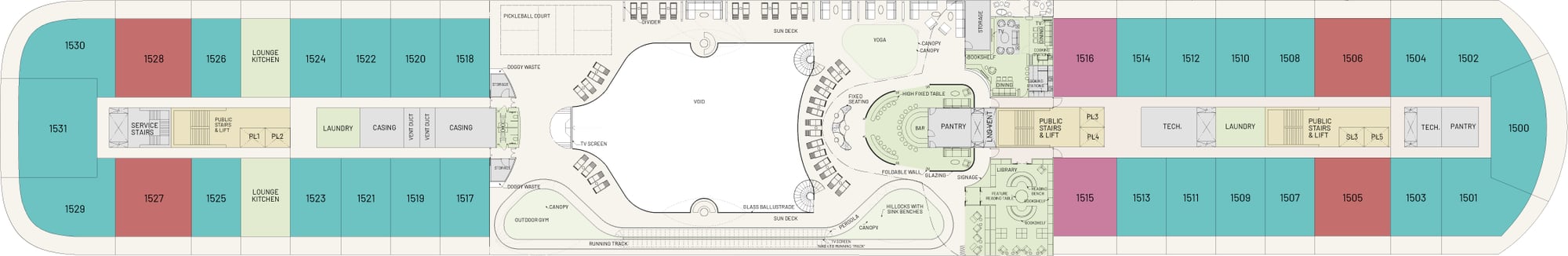 Floorplan of Deck 15 showing the location of the Cruise ship condos
