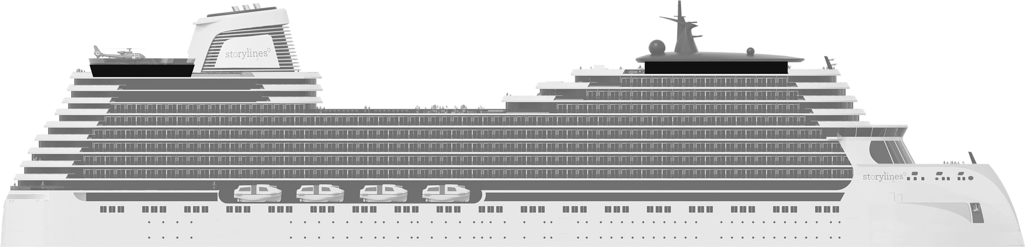 Profile shot of Storylines cruise ship condos showing the location of Deck 18