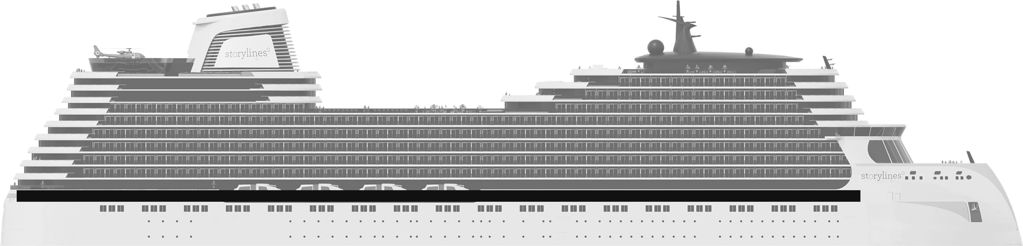 Profile shot of Storylines residential ship showing the location of Deck 7