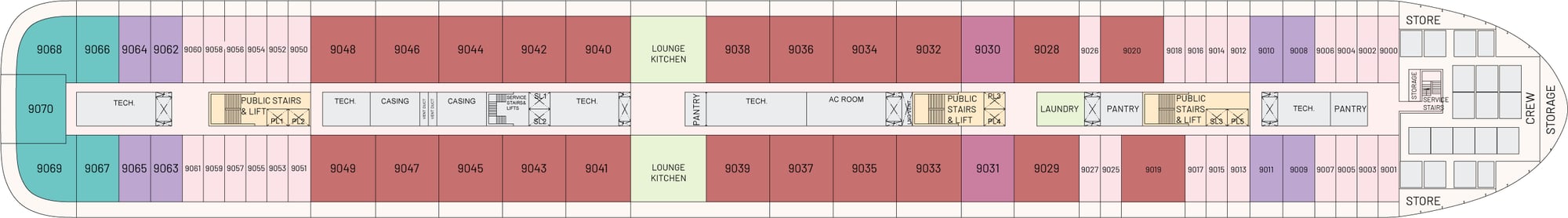 Floorplan of Deck 9 showing the location of the condo's on the cruise ship