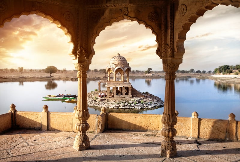 Asia cruise: temple in Gadi Sagar lake, India