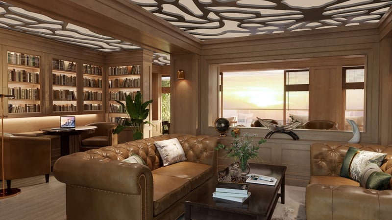 Remote coworking space in classically designed library on board a residential cruise ship