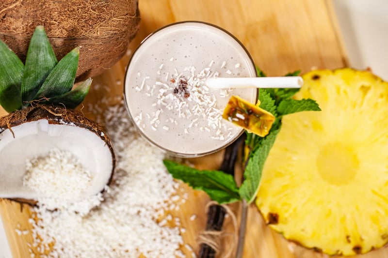 A smoothie made from banana and coconut, fresh fruit part of the blue zone diet
