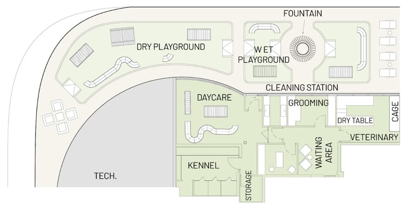 Floor plan of Pet spaces including veterinary clinic, kennels and play areas