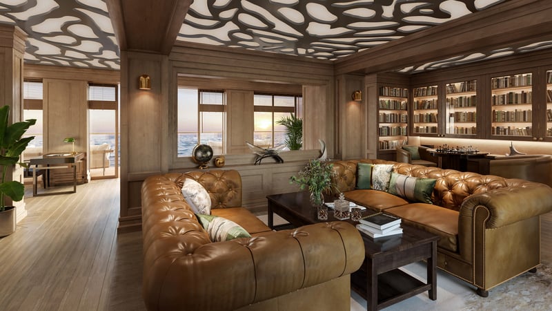 Resident Lounge and Library onboard Storylines residential cruise ship