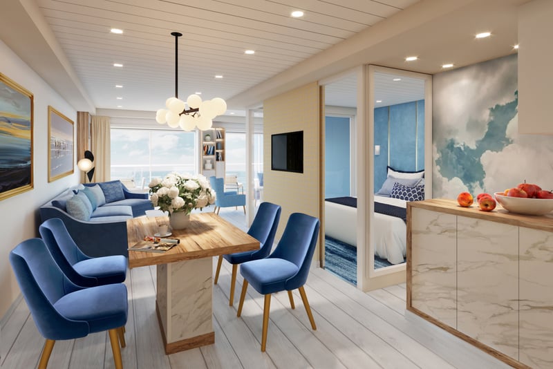 One bedroom condo on a residential cruise ship that continuously travels the world 