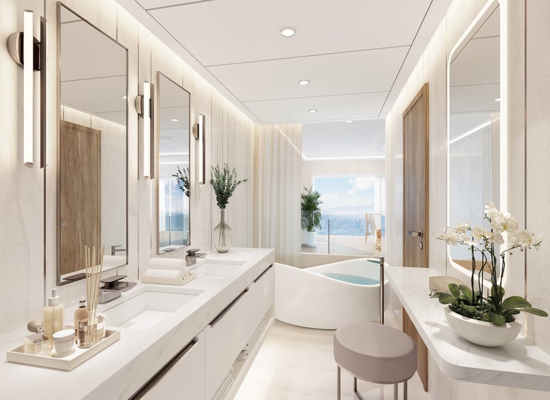 Bathroom of three bedroom condo on a residential cruise ship that continuously travels the world 