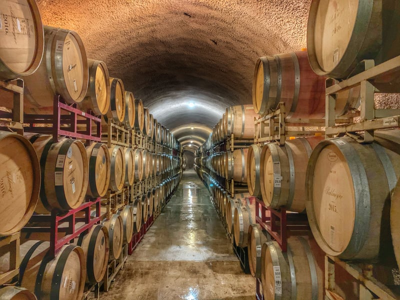 Barrels of the best red wines stacked in a vineyard wine cellar
