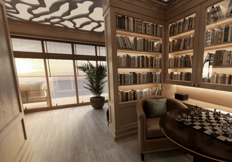 Library and chess board surrounded by book shelf with balcony and sea in the background, designed for retirement living at sea