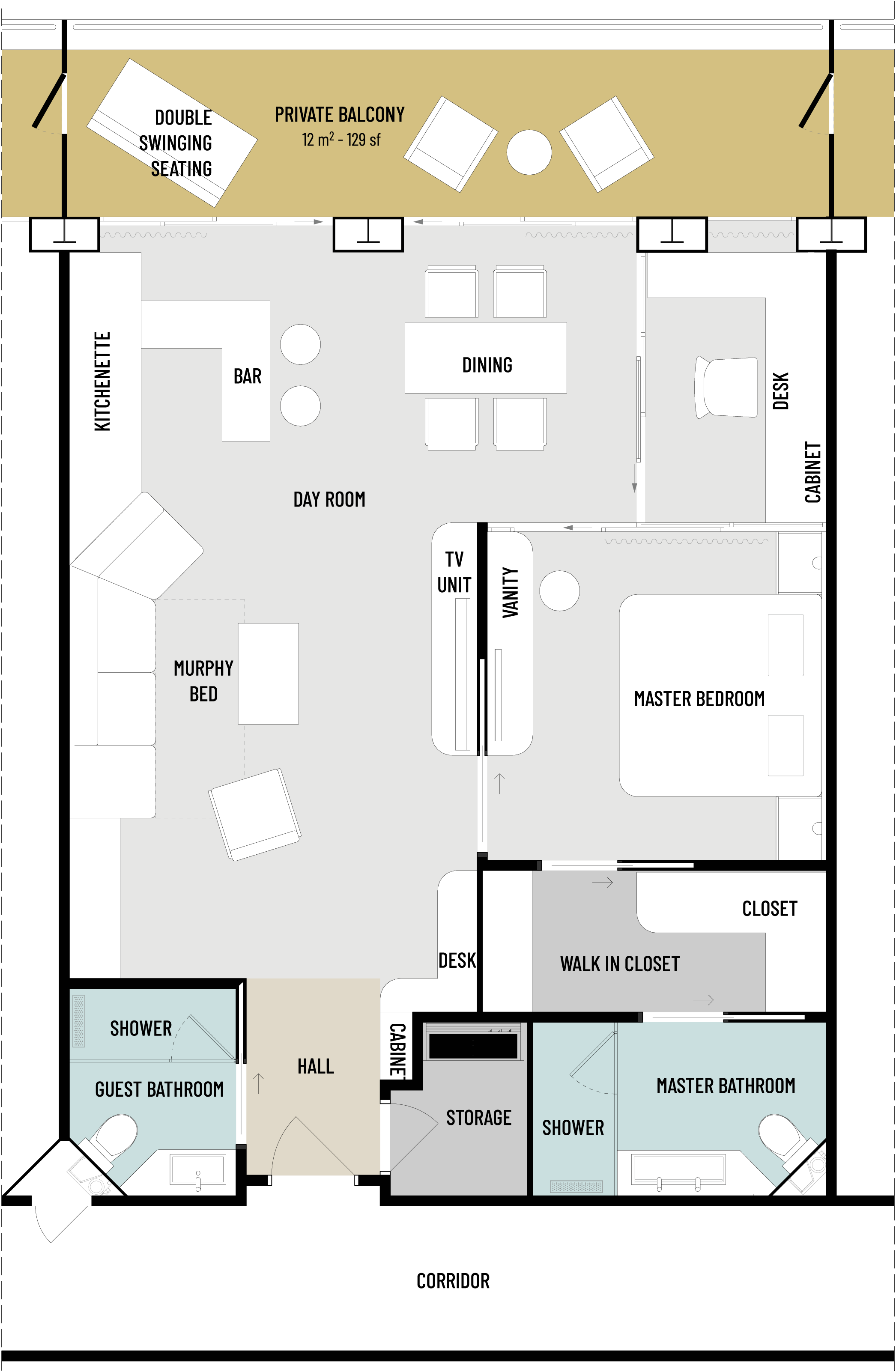 Floorplan of RU4 unit on condo cruise ship generous spaces for living, dining, bar area and home office.
