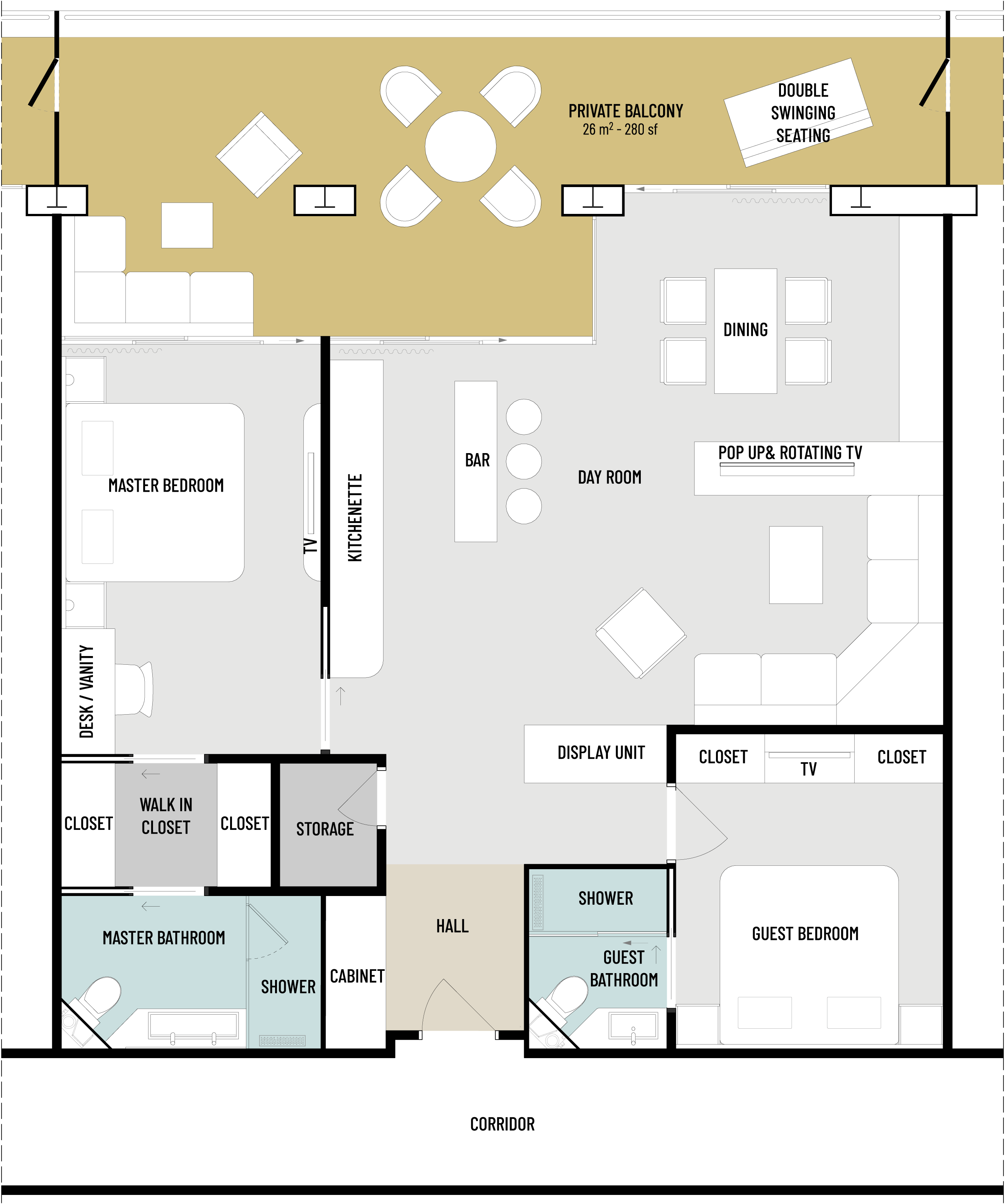 Floorplan of RU4.3 cruise ship condo showing Living, dining, bar and kitchenette, as well as master and guest bedrooms, bathrooms and balcony