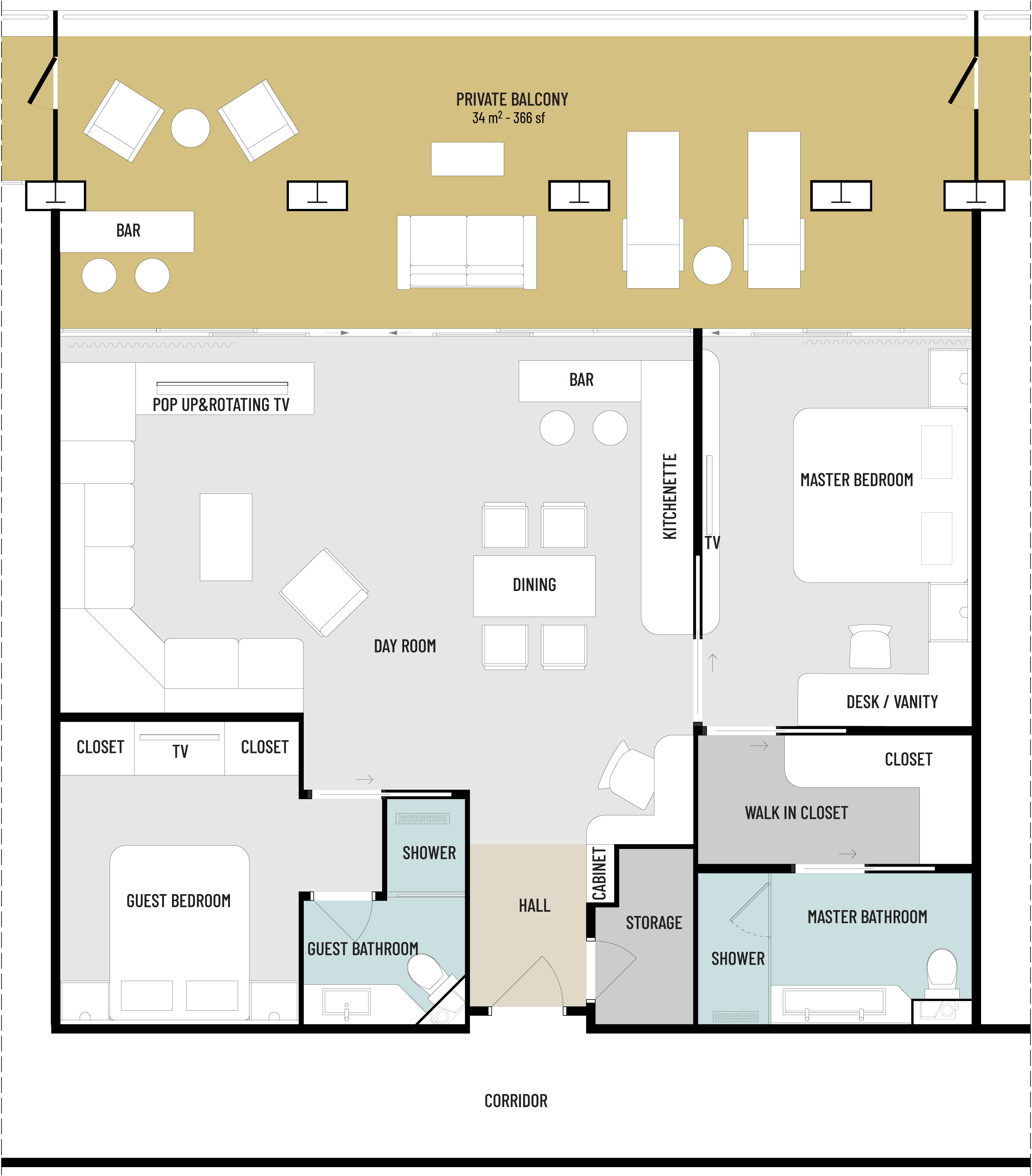 Floor plan of RU4.4 which is cleverly designed with each of the two bedrooms located at opposite ends of the cruise ship condos