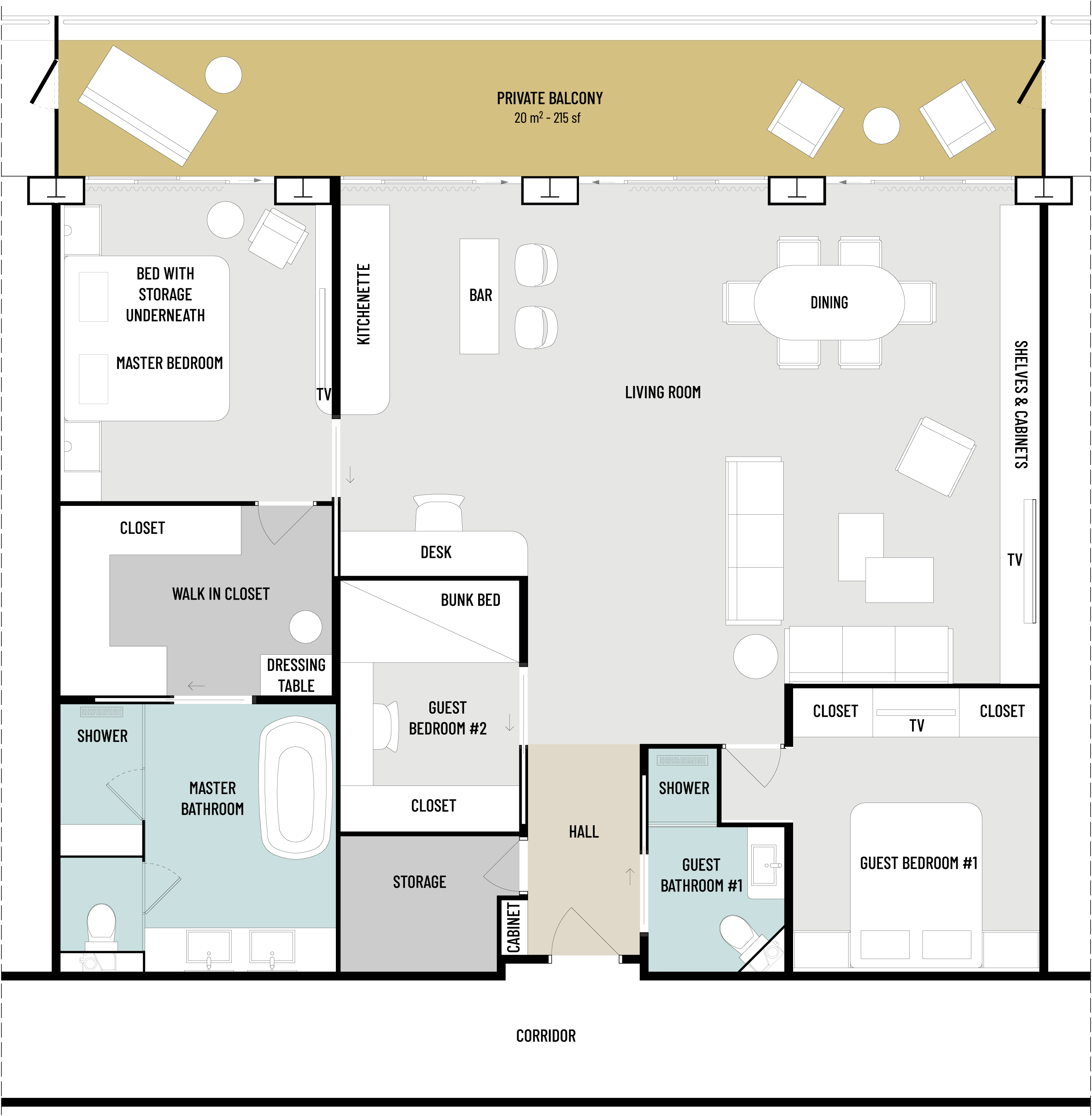 Floorplan of RU5.1 residential cruise ship apartments for sale showing living room, bunk bed, home office, master bedroom, guest bedrooms, bathrooms and balcony